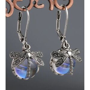 Faux Moonstone Dragonfly Clear Glass Romantic‎ Whimsical Garden Crystal Earrings